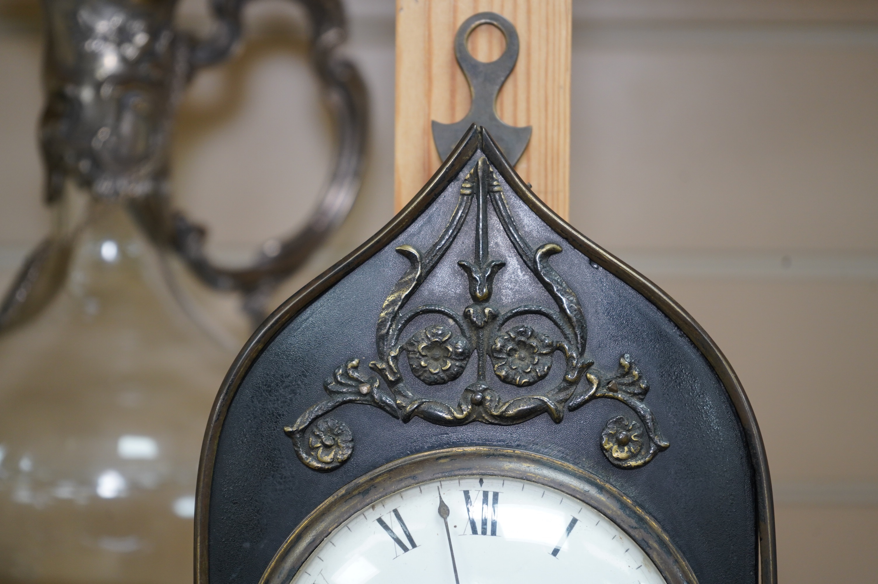 An early 19th century Gothic revival Sedan timepiece with balance escapement movement, applied Tudor rose mounts, with key, 27cm high. Condition - good, untested